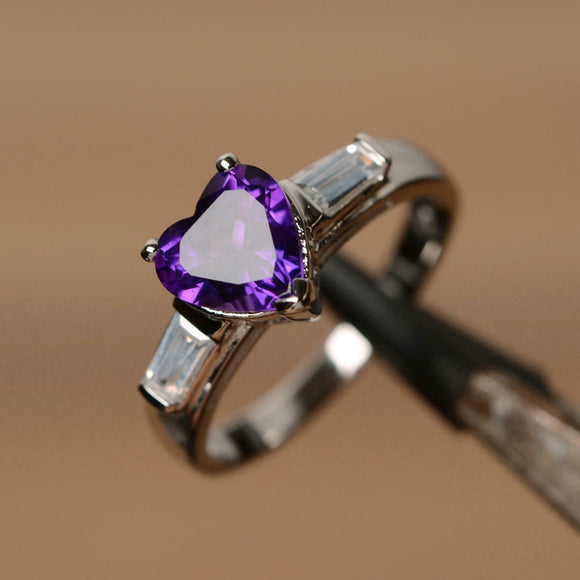 1.2ct Engagement Ring Heart Cut Purple Amethyst Three Stone 14k WhiteGold Finish