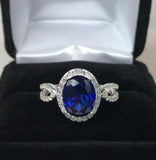 2ct Oval Cut Blue Sapphire Halo Split Band Engagement Ring 14k White Gold Finish