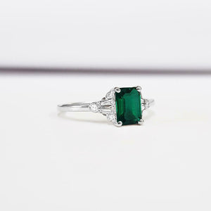 1ct Green Emerald Cut Solitaire Baguette Accents Ring 14k White Gold Finish