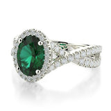 3ct Oval Cut Green Emerald Engagement Ring Split Shank Halo 14k WhiteGold Finish