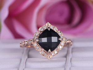 2.2ct Cushion Cut Black Diamond Vintage Halo Solitaire Ring 14k Rose Gold Finish