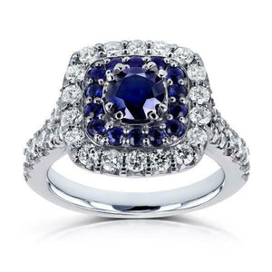 3.5Ct Round Cut Blue Sapphire Dual Halo Engagement Ring 14K White Gold Finish