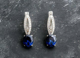 2ct Drop Earrings Oval Cut Blue Sapphire Split Design 14k White Gold Finish