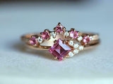 1.7ct Engagement Ring Asscher Cut Pink Sapphire Bridal Set 14k Rose Gold Finish