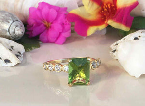 2.1ct Radiant Cut Green Peridot Round Diamond Accent Ring 14k Yellow Gold Finish