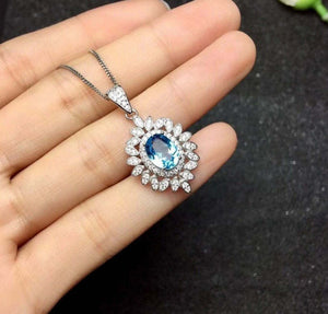 2ct Blue Topaz Pendant Oval Cut Floral Leaf Halo 14k White Gold Finish NO CHAIN