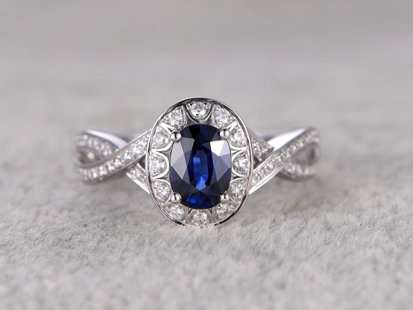 1.5ct Oval Cut Blue Sapphire Engagement Ring Diamond Halo 14k White Gold Finish