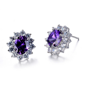 2ct Oval Cut Purple Amethyst Halo Floral Design Stud Earrings 14k WhiteGold Over