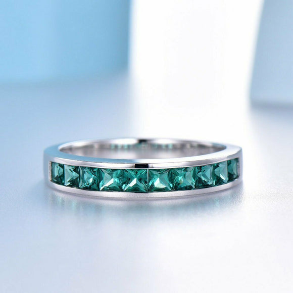 2ct Princess Cut Green Emerald Channel Set Half Eternity Band 14k WhiteGold Over