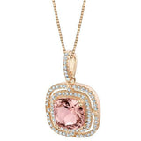 3Ct Cushion Cut Peach Morganite Dual Halo Diamond Pendant 14K Rose Gold Finish