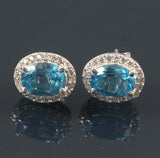 2.4ct Stud Earrings Oval Cut Blue Topaz Diamond Halo 14k White Gold Finish