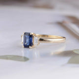 1.5ct Emerald Cut Blue Sapphire Engagement Ring Trilogy 14k Yellow Gold Finish