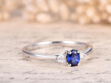 1ct Oval Cut Blue Sapphire Diamond Trilogy Solitaire Ring 14k White Gold Finish