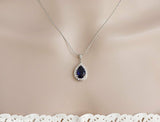 2ct Pear Cut Blue Sapphire Halo Tear Drop Pendant 14k White Gold Finish NO CHAIN