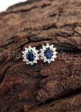 1ct Oval Cut Simulated Sapphire Floral Halo Stud Earrings 14k White Gold Plated