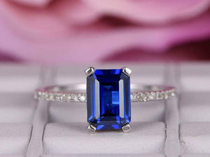 2.15ct Emerald Cut Blue Sapphire Solitaire Accents Ring 14k White Gold Finish