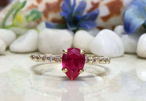 1.7ct Pear Cut Ruby Round Diamond Accent Engagement Ring 14k Yellow Gold Finish