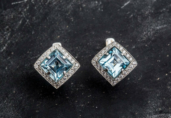 2ct Stud Earrings Asscher Cut Blue Aquamarine Diamond Halo 14k White Gold Finish