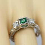 1.5ct Round Cut Green Emerald Milgrain Diamond Accent Ring 14k White Gold Finish