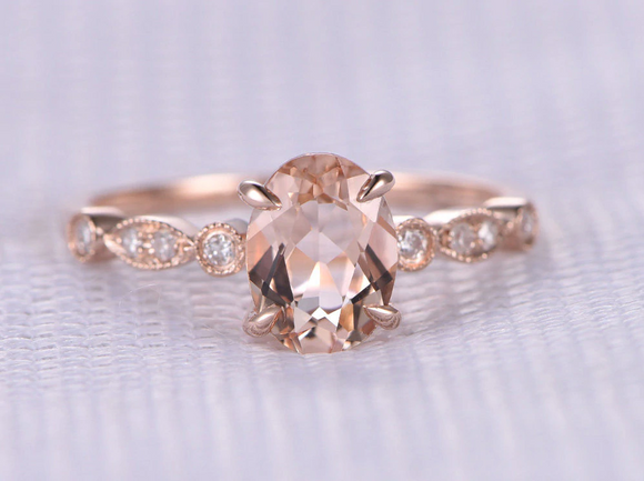 2ct Oval Cut Morganite Milgrain Solitaire with Accents Ring 14k Rose Gold Finish