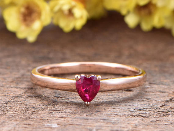 0.4ct Heart Cut Pink Ruby Engagement Ring Solitaire Promise 14k Rose Gold Finish