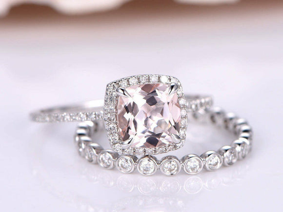 1.7ct Cushion Peach Morganite Halo Bridal Set Engagement Ring 14k WhiteGold Over