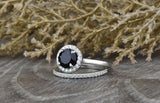 1.6ct Round Black Diamond Engagement Ring 14k White Gold Finish Halo Bridal Set