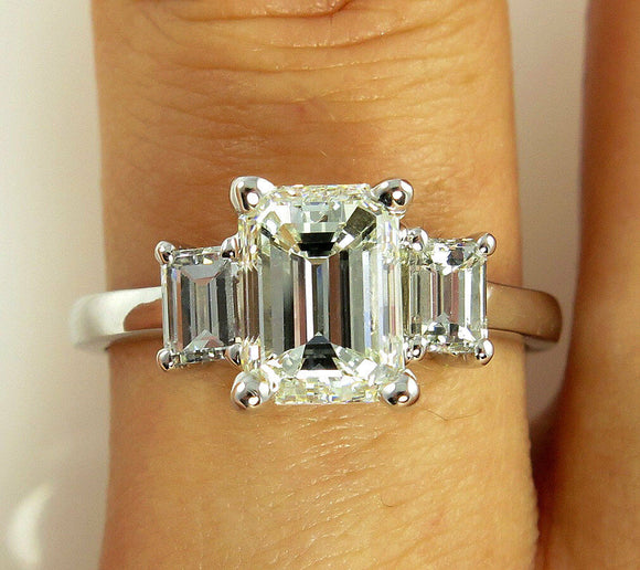 3Ct Emerald Cut Diamond Classic Trilogy Engagement Ring 18K White Gold Finish