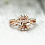 3Ct Oval Cut Peach Morganite Split Shank Halo Engagement Ring 14K Rose Gold Over