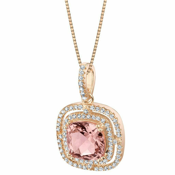 3Ct Cushion Cut Peach Morganite Dual Halo Diamond Pendant 14K Rose Gold Finish