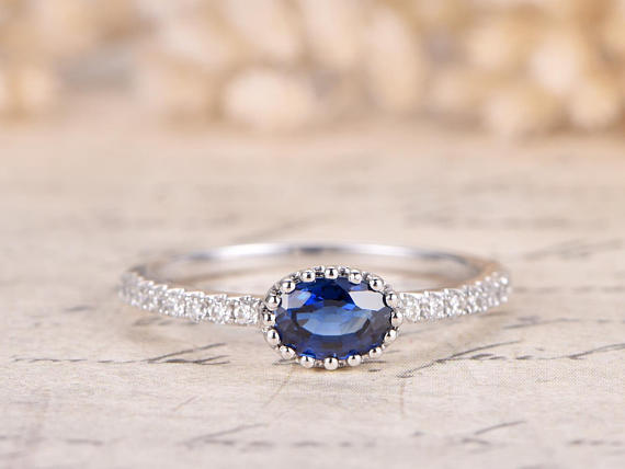 1.2ct Oval Cut Blue Sapphire Accents with Solitaire Ring 14k White Gold Finish