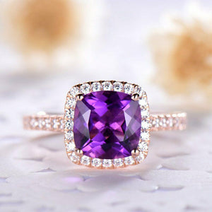 1.9ct Cushion Cut Purple Amethyst Engagement Ring Diamond Halo 18k RoseGold Over