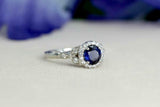 1.5ct Round Cut Blue Sapphire Engagement Ring Halo Floral 14k White Gold Finish