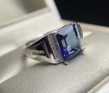 3ct Emerald Cut Blue Sapphire Signet Engagement Men Ring 14k White Gold Finish