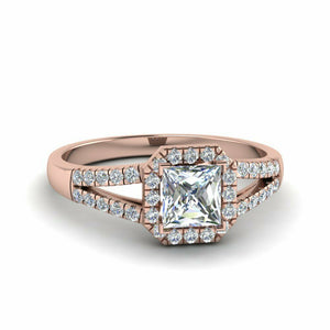 0.7ct Princess Cut Diamond Halo Split Band Engagement Ring 14k Rose Gold Finish