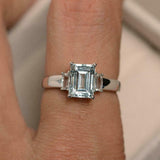 2ct Emerald Cut Blue Aquamarine Baguette Accent Trilogy Ring 14k White Gold Over