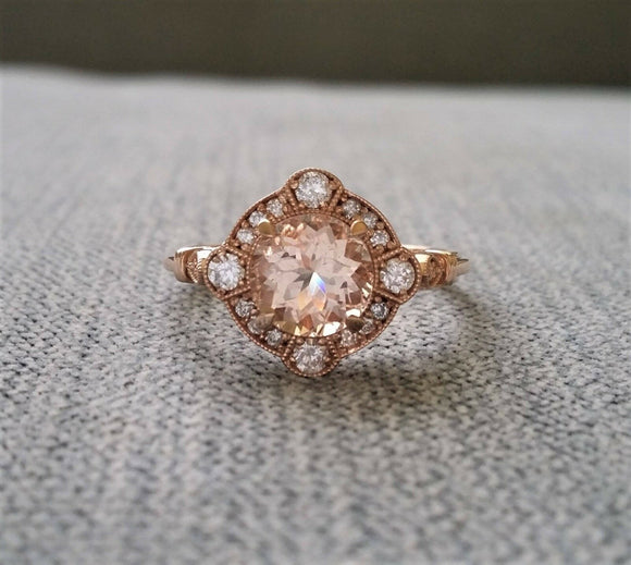 2Ct Round Peach Morganite Filigree Vintage Engagement Ring 14K Rose Gold Finish