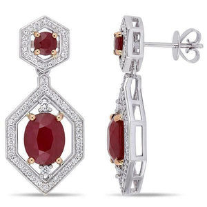 4Ct Oval Cut Pink Ruby Diamond Halo Geometric Drop Earring 14K White Gold Finish