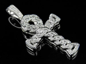 0.35ct Round Cut Diamond Cuban Link Style Ankh Cross Pendant 14k White Gold Over