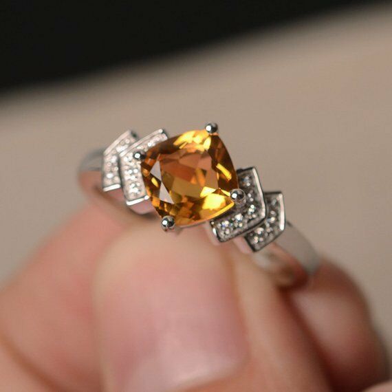 2ct Cushion Cut Yellow Citrine Proposal Engagement Ring 18k White Gold Finish