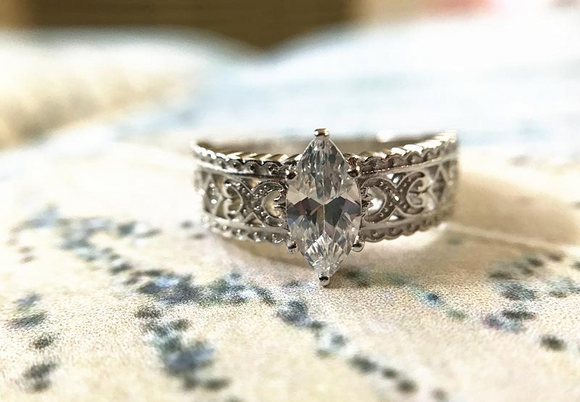 1Ct Marquise Cut Diamond Filigree Solitaire Engagement Ring 14K White Gold Over