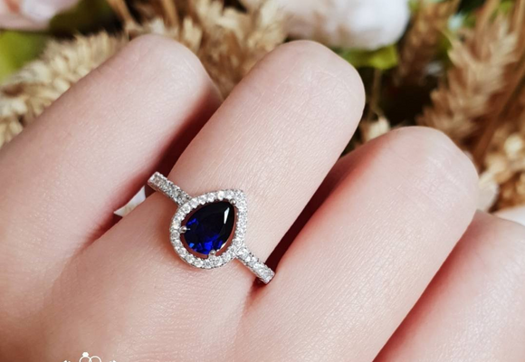 1ct Pear Cut Blue Sapphire Engagement Ring 14k White Gold Finish Halo Teardrop