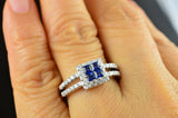 3Ct Princess Cut Sapphire Split Band Halo Engagement Ring 14K White Gold Finish