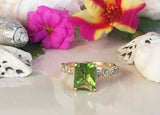 2.1ct Radiant Cut Green Peridot Round Diamond Accent Ring 14k Yellow Gold Finish