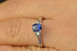 1Ct Oval Cut Blue Sapphire Round Diamond Accent Trilogy Ring 14K White Gold Over