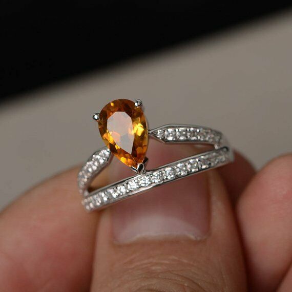 1.5ct Pear Cut Yellow Citrine Crown Design Engagement Ring 18k White Gold Finish