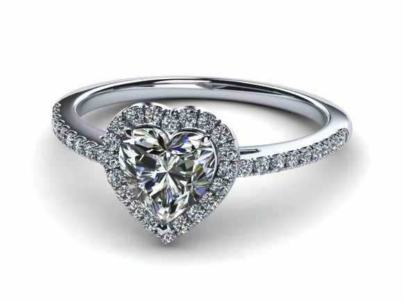 1.3ct Heart Cut Diamond Accent Halo Solitaire Engagement Ring 14k Gold Finish