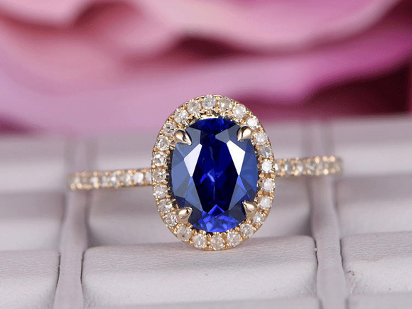 2ct Oval Cut Blue Sapphire Diamond Halo Round Accent Ring 14k Yellow Gold Finish