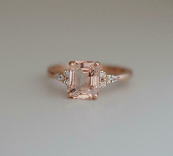 2ct Engagement Ring Emerald Cut Peach Morganite Diamond Accent 14k RoseGold Over