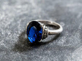 1ct Engagement Ring Oval Cut Blue Sapphire Vintage Solitaire 14k White Gold Over